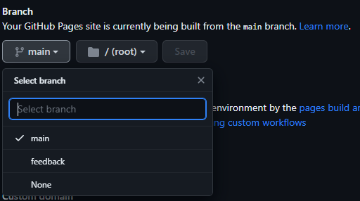 GitHub pages select branch